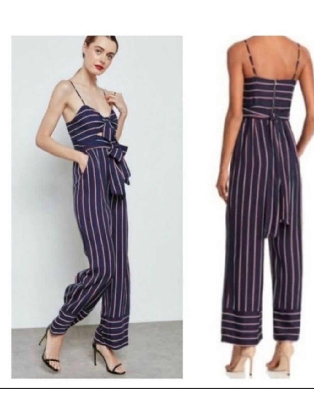 Revolve Bardot Navy and White Striped Jumpsuit